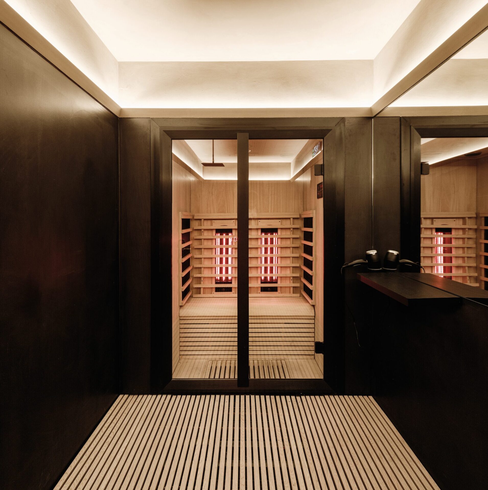 SAUNA VIEW | View of the sauna within the private pod.